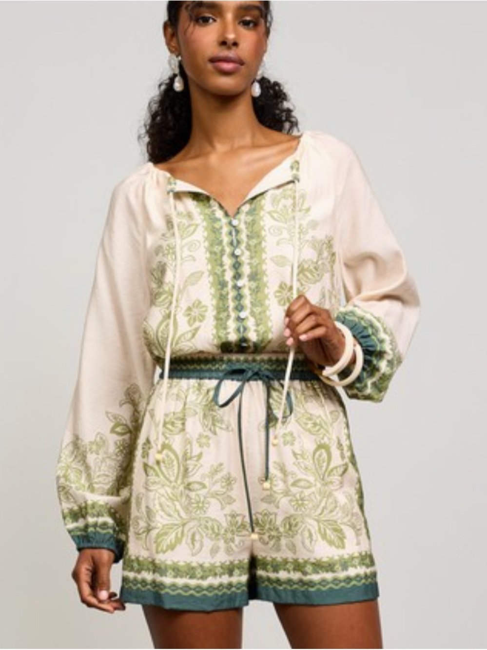 Skies Are Blue Cream Romper with Green Embroidered Trim EUC